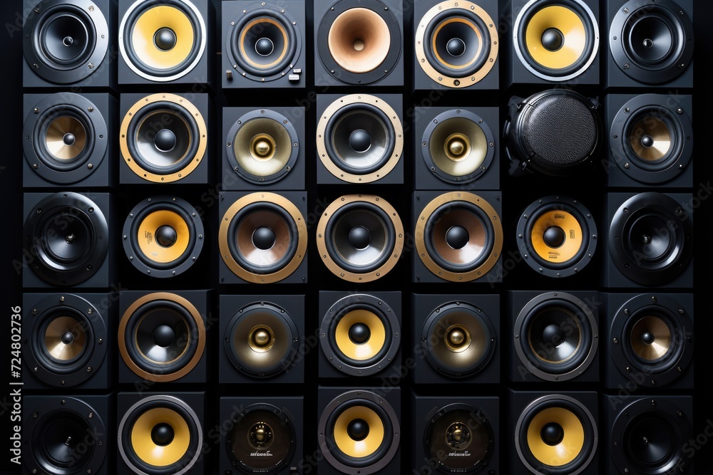 Poster A collection of speakers mounted on a wall. Suitable for various audio and entertainment-related projects