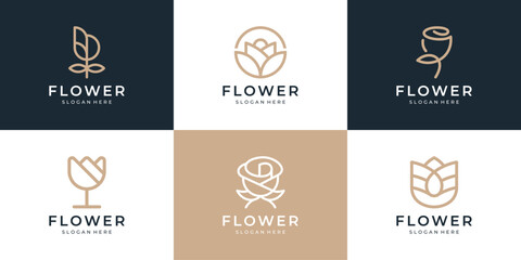 Naklejka premium Abstract flower rose logo icon set. Golden beauty floral logo design collection
