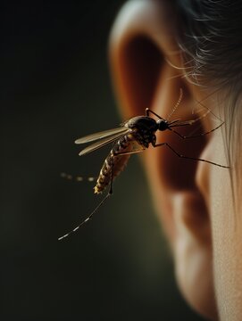 Mosquito flying near a person's ear, sleepless summer night because of a buzzing insect, how can you sleep with mosquitoes nearby, lurking and wainting for you to fall asleep so they can bite you