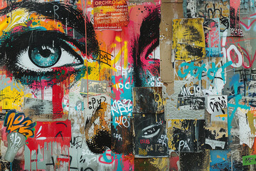 Vivid Urban Collage with a Striking Eye Amidst Layers of Graffiti and Posters Capturing the Pulse of Street Art