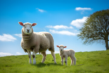 Pastoral Symphony: Tranquil Image of Mother Ewe and Lamb Grazing in a Lush Green Field