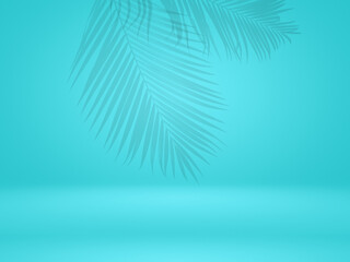 Fototapeta na wymiar background with a palm tree shadow on it or summer background with coconut or tropical leaves. studio interior room with tropical palm shadow. Minimal summer product stage platform mockup design. 