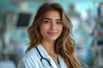Fototapeta premium Portrait of a young doctor, nurse in a white medical coat, interior of a medical clinic in the background