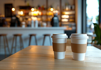Coffee cups on the table, coffee shop in the background