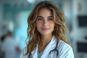 Fototapeta premium Portrait of a young doctor, nurse in a white medical coat, interior of a medical clinic in the background