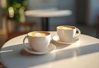 Two cups of coffee on the table, sunlight