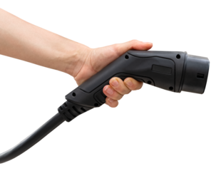 Isolated black EV charging plug in female hand. Electric car charging connector. 