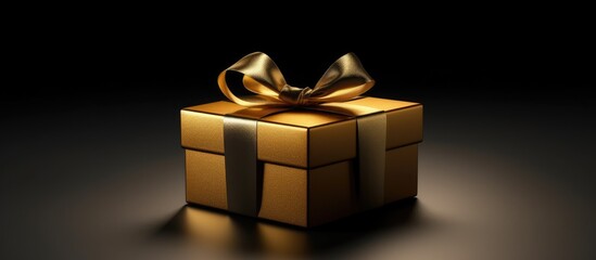 Gift box with gold bow on black background.