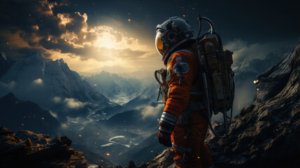 astronaut explores planet outer space - obrazy, fototapety, plakaty