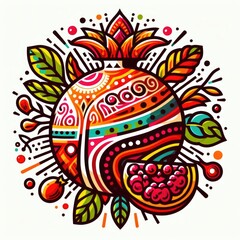 Mango Fusion: Colorful Graphic Design with Ethnic Elements on a White Canvas