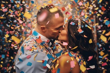 couple kissing under a shower of multicolored confetti