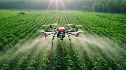 drone flying and spraying fertilizer and pesticide over farmland,High technology innovations and smart farming.Generative AI - obrazy, fototapety, plakaty