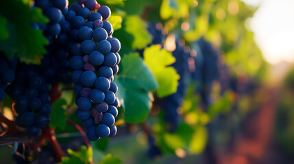 Close up of grapes in a vineyard at sunset. Concept of wine and winemaking. Shallow field of view.