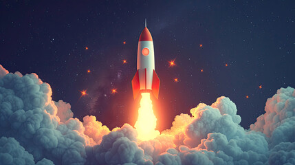 3D rocket launching on a blue background symbolizing a startup business concept with a spaceship icon.Generative AI