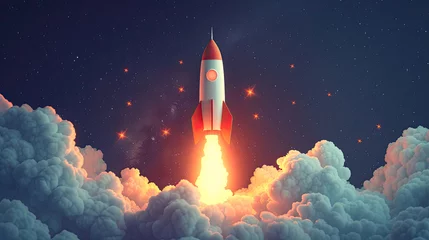 Foto op Canvas 3D rocket launching on a blue background symbolizing a startup business concept with a spaceship icon.Generative AI © ZzGooggiigz