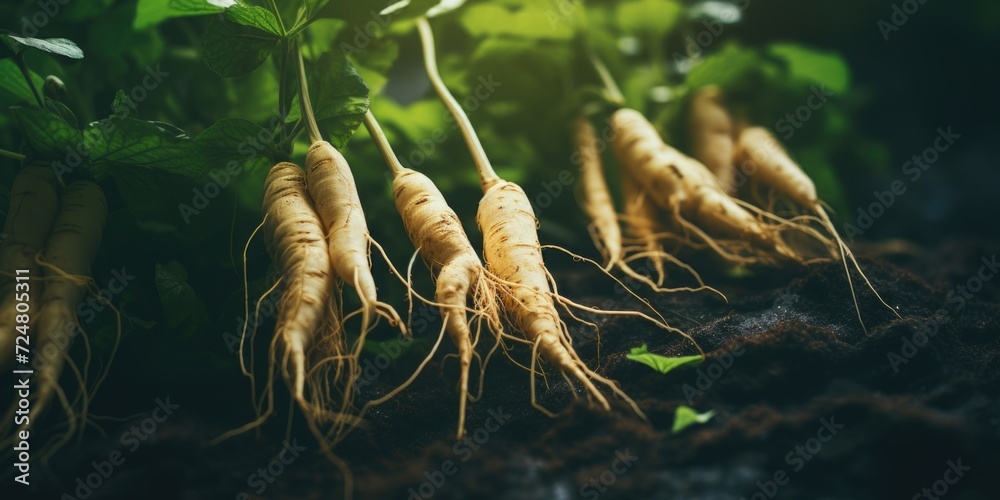 Poster a close up view of a bunch of carrots lying on the ground. ideal for food and agriculture-related pr
