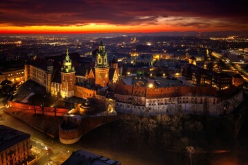 Zamek Królewski na Wawelu w bajeczny poranek - widok z drona - obrazy, fototapety, plakaty