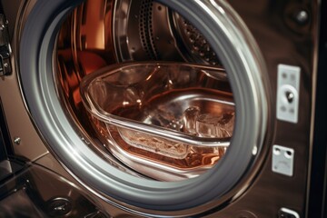A close up of a washing machine with the door open. Ideal for illustrating household chores and appliances