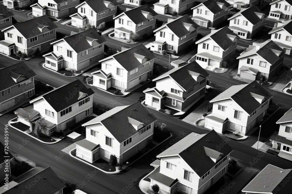 Poster a black and white photo depicting a cluster of houses. suitable for various uses