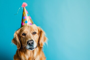 Golden retriever in a birthday party hat sitting on the floor, isolated on a blue wall. AI created.
