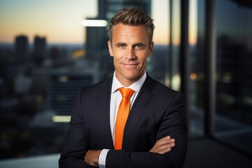 Smiling professional in a fashionable black suit and deep orange tie, standing in a modern office with a stunning cityscape view