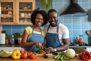 Portrait of a smiling young African couple standing together at a kitchen island at home and chopping vegetables for a healthy lunch 