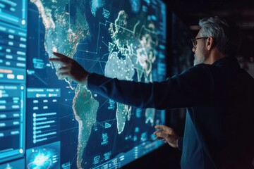 Stock image of a mature man conducting a seminar / lecture with the aid of a large screen. The screen is displaying graphs & data associated with images of the earth. 