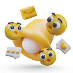 Composition with flying yellow emoji in different positions, big bell, flying messages, and envelope