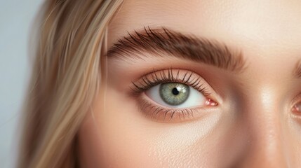 Beautiful blonde with laminated eyebrows. Close-up of laminated and stained eyebrows. Eyebrow Care Trend. Laminating and Extension for Lashes. Beauty Model with Long Eyelashes and Brows.