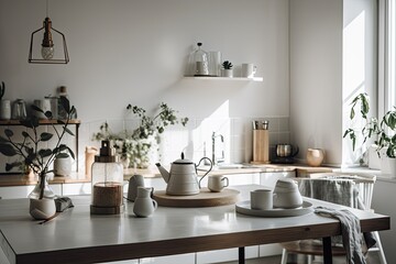 During self isolation at Covid 19 quarantine, a popular modern blog about interior design, renting out, and selling apartments was written at home. White furniture with a kettle and utensils, a shelf 
