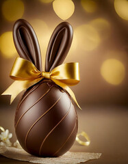 Easter egg with bunny ears made of chocolate with golden bow on blurred background