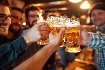 group of men toasting with beer glasses in a bar - obrazy, fototapety, plakaty