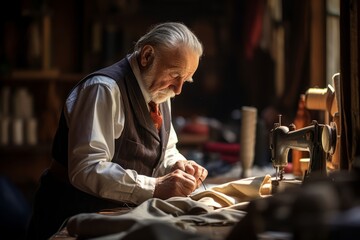 An expert tailor scrutinizing the stitches on a garment, enveloped by the colorful array of fabric rolls in his workshop