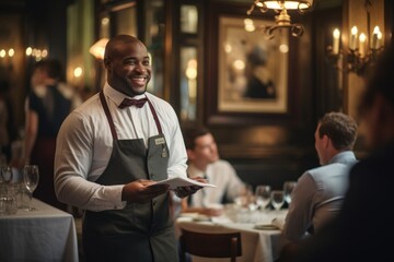 An attentive waiter in action, catering to the needs of customers in a lively dining establishment