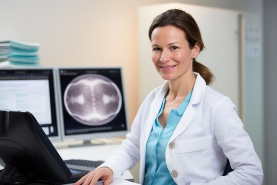 Portrait of a female perinatologist in her workspace, surrounded by ultrasound scans and medical literature