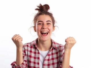 A jubilant girl exudes joy as she celebrates a moment of success against a pristine white background, expressing pure happiness and accomplishment