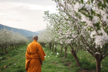 monk in an orchard with fruit trees in blossom - obrazy, fototapety, plakaty