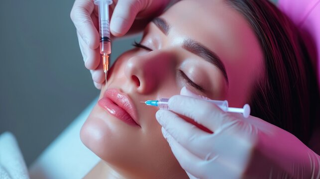 Cosmetologist makes rejuvenating anti wrinkle injections on the face of a beautiful woman. Female aesthetic cosmetology in a beauty salon.