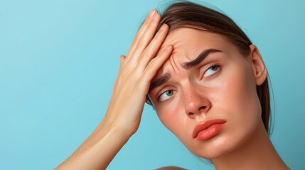 Fototapeta premium Dissatisfied stressed depressed young woman touch forehead worried about skin wrinkle isolated on studio background, cosmetology injection anti aging cream concept, cosmetology facial treatment