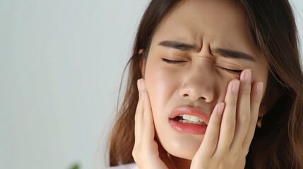 Face expression suffering from sensitive teeth and cold, asian young woman, girl feeling hurt, pain touching cheek, mouth with hand. Toothache molar tooth, dental problem isolated on white background
