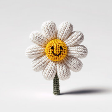 Knitted daisy flower made of wool isolated on a white background.