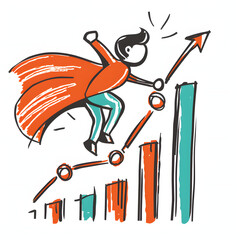 A person with a superhero cape flying towards a stock graph going upwards isolated on white background, doodle style, png
