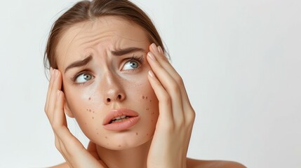 Health dermatology skin problem. Acne pimples on face skin. Caucasian sad woman looking for wrinkles on her face isolated in white background. - obrazy, fototapety, plakaty