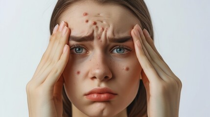 Fototapeta premium Health dermatology skin problem. Acne pimples on face skin. Caucasian sad woman looking for wrinkles on her face isolated in white background.