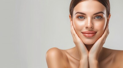 lady sit table touch hands cheeks look empty space plastic surgery rejuvenating advert isolated over grey color background