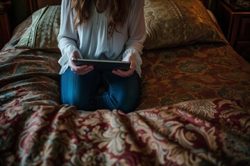 woman holding a tablet on a bed with brocade bedspread - obrazy, fototapety, plakaty