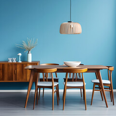 Fototapeta na wymiar Mid-century style interior design of modern dining room with a wooden table and chairs against blue wall , Cupboard and vases 