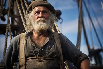 Obraz premium A seasoned rigger, his features carved by years of toil, amidst the industrial symphony of a busy shipyard