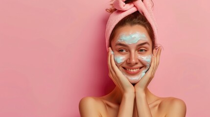 Photo of happy attractive lady touch cheeks wash face applying peeling cream on pastel color...