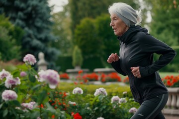 Naklejka na ściany i meble elderly woman jogging past public garden, flowers in bloom